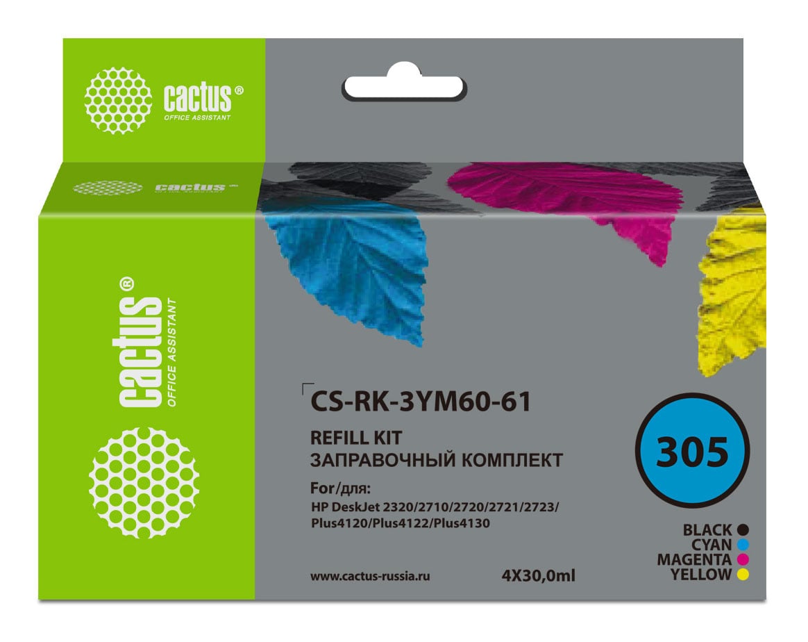 -/ Заправочный набор Cactus CS-RK-3YM60-61 №305 многоцветный 4x30мл для HP DeskJet 2710/2120/2721/2722