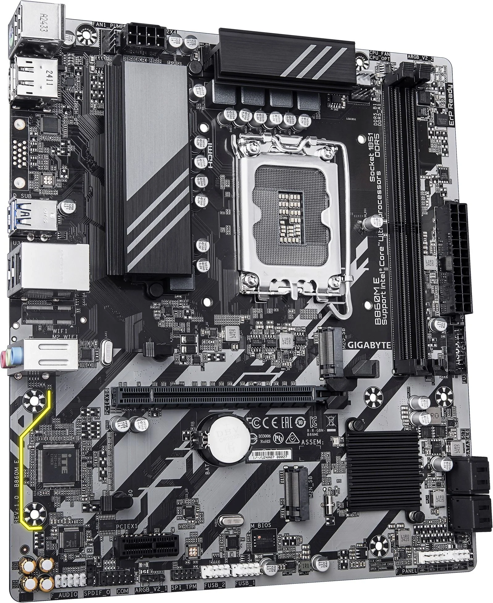Материнская плата Gigabyte B860M-E, LGA 1851, Intel B860, 2xDDR5, 4xSATA, 2xM.2, 1xPCIe 4.0 x16, 1xPCIe x1, 1xHDMI, 1xDP, 1x1Gb LAN, 4xUSB-A 5Gbps, 2xUSB-A 2.0, 1xPS/2, 3x3.5 мм, 7.1, mATX