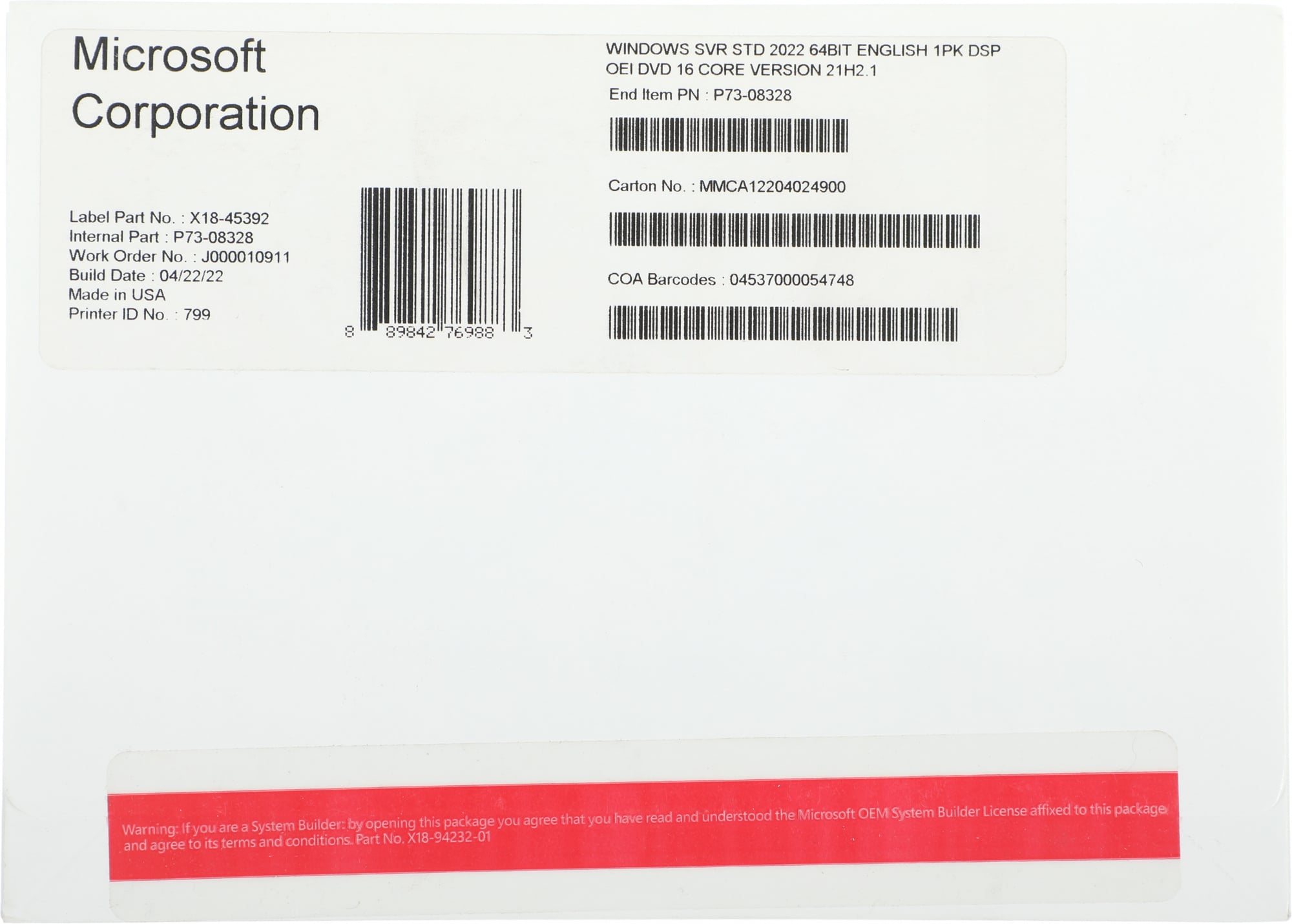 Программное обеспечение Microsoft Операционная система Windows Server Standard 2022 64-bit English 1pk DSP OEI DVD 16 Core лицензия с COA и носителем информации (P73-08328)