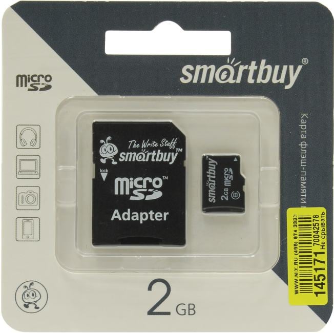 Карта памяти 2GB microSD SmarTBuy Class 2 + адаптер (SB2GBSD-01)