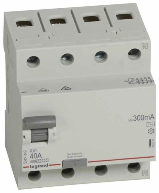 Выключатель дифф. тока (ВДТ, УЗО) Legrand 402071 RX? - 4П, нейтраль справа, 400 В~, 40 А, тип AC, 300  мА, 4 модуля