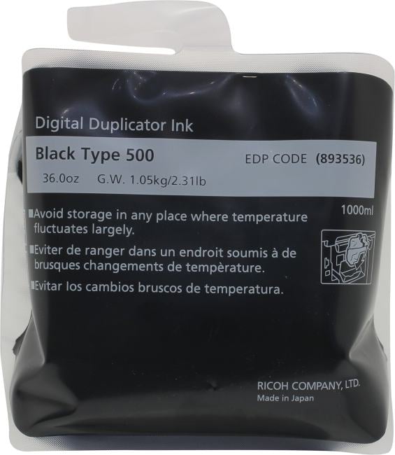 Чернила Ricoh Digital Duplicator Ink Black Type 500, 6шт. x 1л, черный, оригинальные для Ricoh (893536)