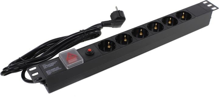 Блок розеток горизонтальный ExeGate ServerPro PDU-19H606 Al-6S-EU2-SW-O, 19", 1U, Алюминий, 6 Schuko, кабель с евровилкой VDE-250V-16A-3*1.5мм2, 2 метра, выкл. с подсветкой, защита от перегрузки, черный