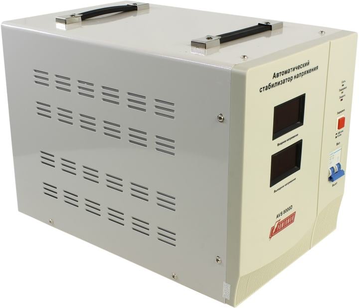 Стабилизатор POWERMAN AVS 8000D, ступенчатый регулятор, цифровые индикаторы уровней напряжения, 8000ВА, 140-260В, максимальный входной ток 40А, клеммная колодка, IP-20, напольный, 410мм х 280мм х 310мм, 13.5 кг./ Stabilizer POWERMAN AVS 8000D, step-type r