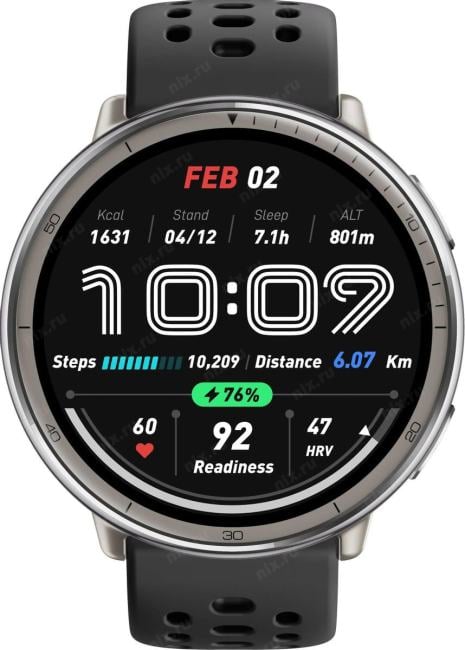 Смарт-часы Amazfit Active 2R A2437 Premium 43.9мм 1.32" AMOLED корп.серебристый рем.черный разм.брасл.:150-210мм (1746931)