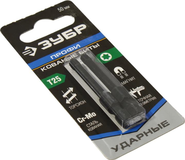 Биты "ПРОФИ" Зубр TORX, тип хвостовика E 1/4", T25, 50мм, 2шт, на карточке 26025-25-50-S2