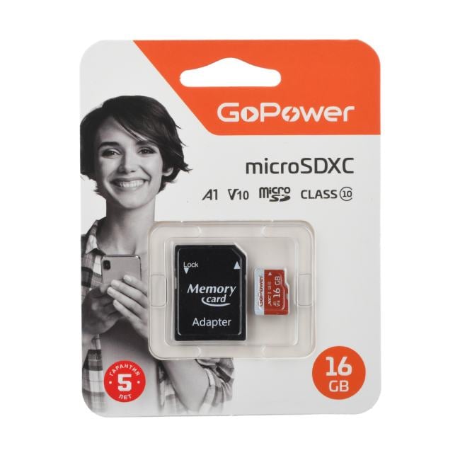 GoPower 00-00025678 Карта памяти microSD GoPower 16GB Class10 UHS-I (U3) 80 МБ/сек  V10 с адаптером
