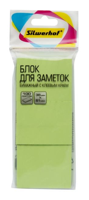 682154-06 Блок самоклеящийся бумажный Silwerhof 38x51мм 100лист. 75г/м2 пастель зеленый европодвес (упак.:3шт)