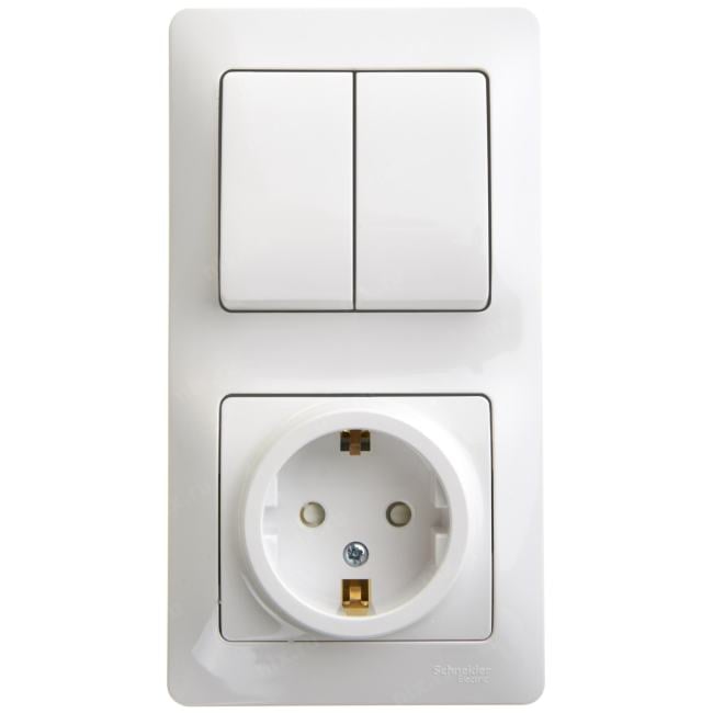 Schneider Electric GSL000174 Блок: розетка с заземлением со шторками + выключатель двухклавишный  белый  (GSL000174)