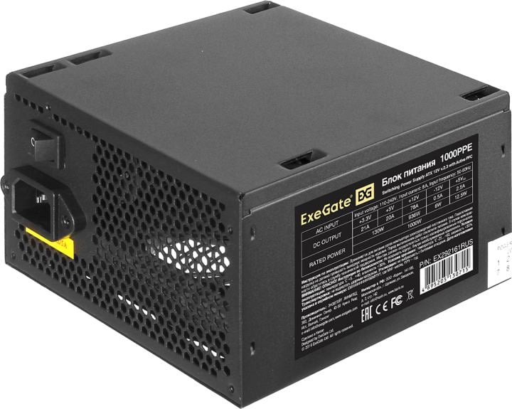 Exegate EX292161RUS-S Блок питания 1000W ExeGate 1000PPE (ATX, APFC, SC, КПД 80% (80 PLUS), 12cm fan, 24pin, 2x(4+4)pin, 6xPCI-E, 6xSATA, 4xIDE, black, кабель 220V с защитой от выдергивания)