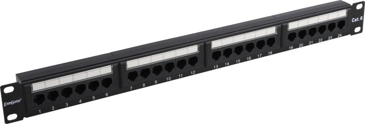 Exegate EX281080RUS Патч-панель UTP 19" 24 port кат.6 ExeGate  разъём KRONE&110 (dual IDC), 1U, RoHS, цвет черный