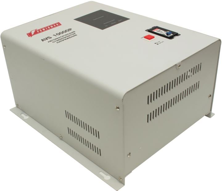 Стабилизатор POWERMAN AVS 10000P, ступенчатый регулятор, цифровые индикаторы уровней напряжения, 10000ВА, 110-260В, максимальный входной ток 63А, клеммная колодка, IP-20, навесной, 380мм х 310мм х 160мм, 16 кг./ Stabilizer POWERMAN AVS 10000P, step-type r