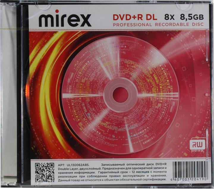 Диск DVD+R Mirex 8.5 Gb, 8x, Slim Case (1), Dual Layer (1/50)