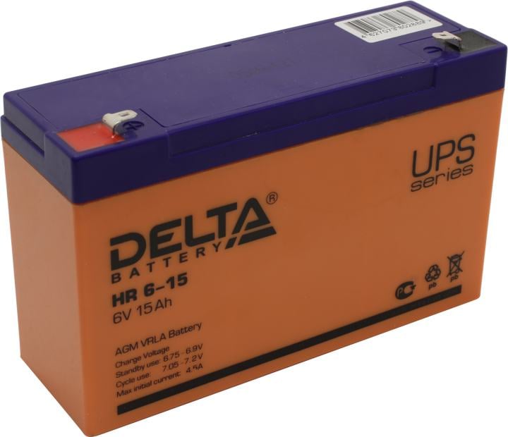 Батарея DELTA серия HR, HR 6-15, напряжение 6В, емкость 15Ач (разряд 20 часов),  макс. ток разряда (5 сек.) 180А, макс. ток заряда 4.5А, свинцово-кислотная типа AGM, клеммы F1, ДxШxВ 151х50х94мм., вес 1.95кг., срок службы 8 лет./ Battery DELTA series HR, HR 6-15, voltage 6V, capacity 15Ah (discharge 20 hours), max. discharge current (5 sec.) 180A, max. charge current 4.5A, lead-acid type AGM, terminals F1, LxWxH 151x50x94mm., weight 1.95kg., service life 8 years.