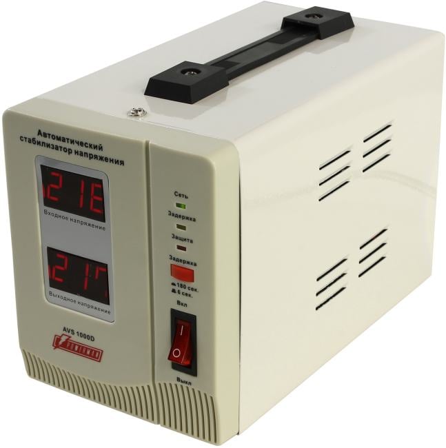 Стабилизатор POWERMAN AVS 1000D, ступенчатый регулятор, цифровые индикаторы уровней напряжения, 1000ВА, 140-260В, максимальный входной ток 7А, 2 евророзетки, IP-20, напольный, 200мм х 150мм х 140мм, 2,3 кг./ Stabilizer POWERMAN AVS 1000D, step-type regula