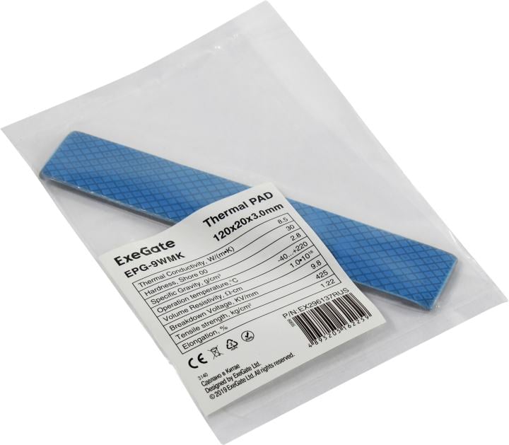 Exegate EX296137RUS Термопрокладка ExeGate EPG-9WMK (20x120x3.0 mm, 8,5 Вт/ (м•К), теплопроводящая клейкая двухсторонняя)