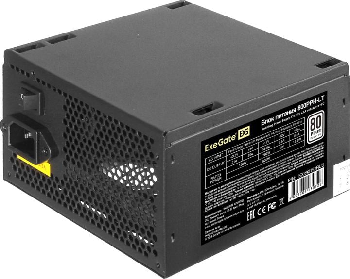 Exegate EX292152RUS Блок питания 800W ExeGate 80 PLUS® 800PPH-LT (ATX, APFC, КПД 82% (80 PLUS), 12cm fan, 24pin, 2x(4+4)pin, PCIe, 5xSATA, 3xIDE, black, Color Box)
