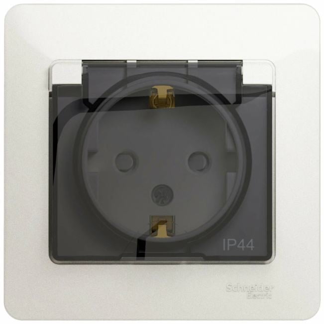 Розетка Systeme Electric GSL000648 с/з со шторками с крышкой, 16А, IP44  (в сборе) перламутр