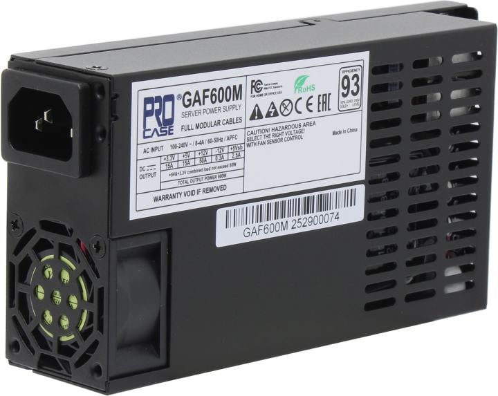 Procase GAF600M (Блок питания 1U FlexATX 1FAN (600W), 80+Platinum(94+), 150*80*40mm,  +5B=15A, +12B=50A, +3,3B=15A,-12В=0.3A, 5VSB=2.5A, Модульные кабели,Защита от перегрузки 105-150%