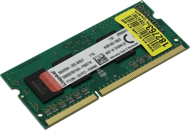 Модуль памяти Kingston 2GB  DDR3 1600 SO DIMM KVR16S11S6/2 Non-ECC, Unbuffered, CL11, 1.5V, 1Rx16, Retail (226744)