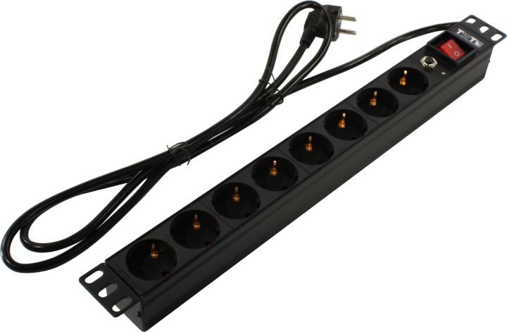 TWT-PDU19-16A8P-1.8  Блок распределения питания TWT 18м Schuko х8 44х485х46 мм(ВхШхГ) 16А 1ф подкл IEC C14 чёрный