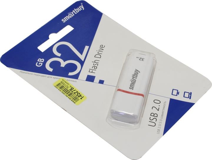 Флешка USB SmartBuy Crown white (SB32GbCRW-W), 32Gb, USB 2.0, R/W 15/5, белый/красный