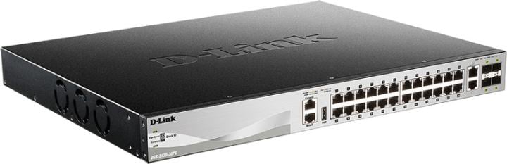D-Link DGS-3130-30PS/B1A PROJ Управляемый L3 стекируемый коммутатор с 24 портами 10/100/1000Base-T, 2 портами 10GBase-T и 4 портами 10GBase-X SFP+ (24 порта PoE 802.3af/at, PoE-бюджет 370 Вт)
