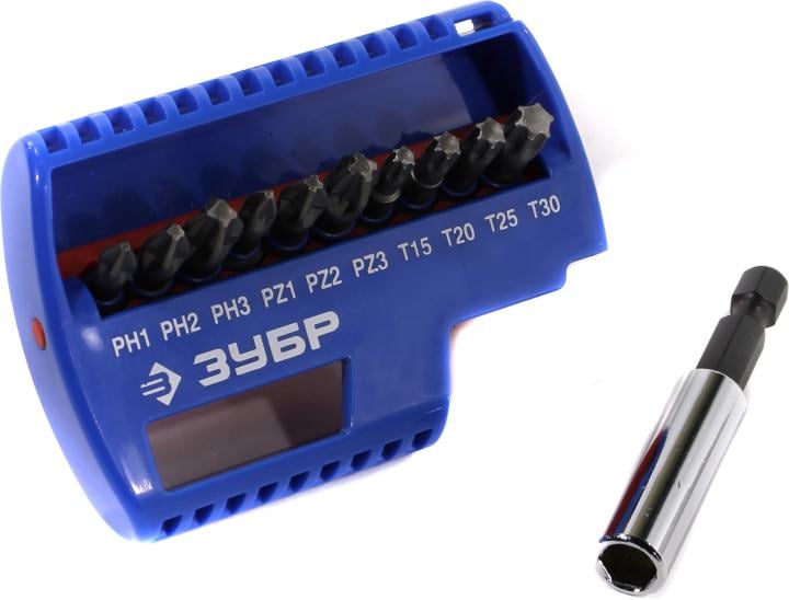 Набор бит ЗУБР ЭКСПЕРТ 26051-H11  с маг.адаптером Cr-Mo PH1 PH2 PH3 PZ1 PZ2 PZ3 TORX 15202530 11шт