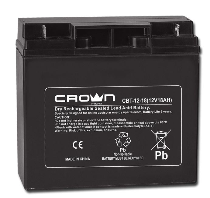Аккумулятор CROWN CBT-12-18 (Cвинцово-кислотный, напряжение 12В, ёмкость 18А\Ч, размеры (мм) 181х77х167, вес 5,70 кг,