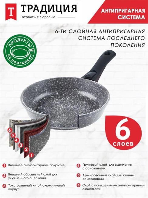 Сковорода Традиция ТМ2205, литая, 20см, съёмная ручка, мрамор