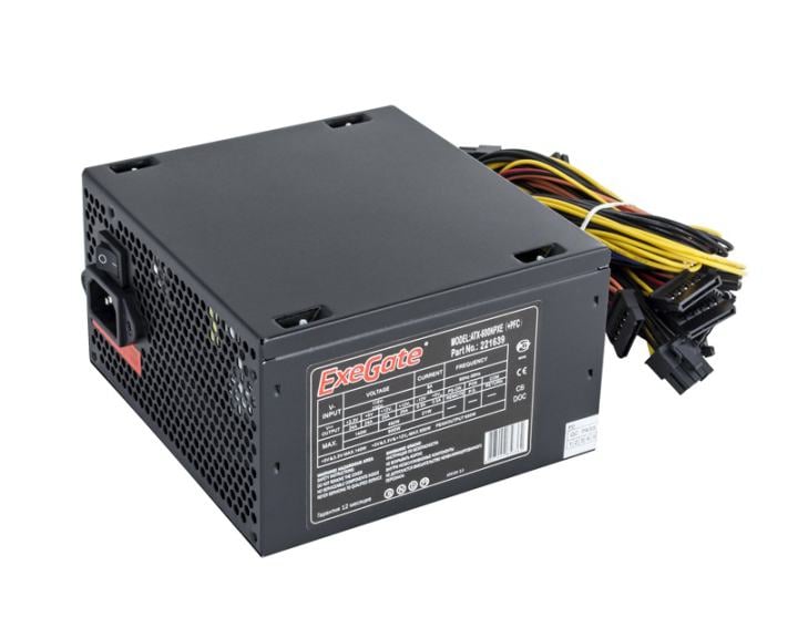 Блок питания 600W ExeGate 600NPXE-PC (ATX, PPFC, PC, 12cm silent fan, 24pin, 2x(4+4)pin, 2xPCI-E, 5xSATA, 3xIDE, black, кабель 220V в комплекте 1,8м) <EX221639RUS-PC>