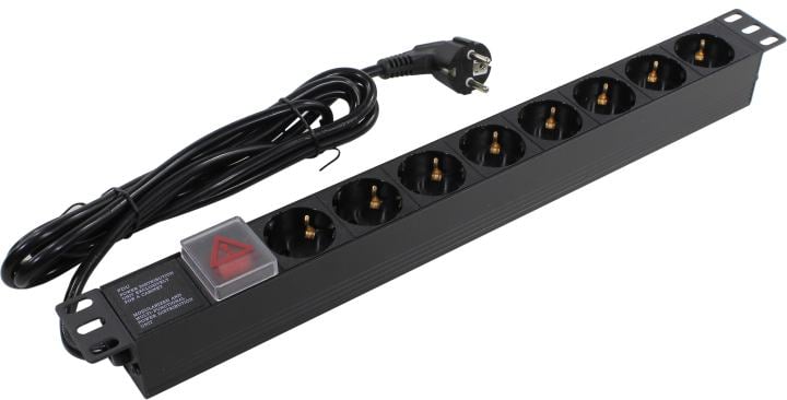 Блок розеток горизонтальный ExeGate ServerPro PDU-19H805 Al-8S-EU3-SW, 19", 1U, Алюминий, 8 Schuko, кабель с евровилкой VDE-250V-16A-3*1.5мм2, 3 метра, выкл. с подсветкой, черный