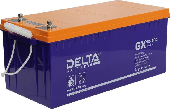 Батарея DELTA серия GX, GX 12-200, напряжение 12В, емкость 200Ач (разряд 10 часов),  макс. ток разряда (5 сек.) 1000А, макс. ток заряда 40А, свинцово-кислотная типа GEL, клеммы под болт М8, ДxШxВ 522х238х218мм., вес 65кг., срок службы 15 лет./ Battery DELTA series GX, GX 12-200, voltage 12V, capacity 200Ah (discharge 10 hours), max. discharge current (5 sec.) 1000A, max. charge current 40A, lead-acid GEL type, M8 bolt terminals, LxWxH 522x238x218mm, weight 65kg, service life 15 years.
