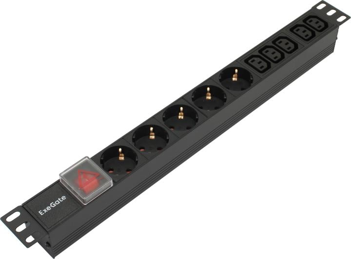 Блок розеток горизонтальный ExeGate ServerPro PDU-19H008 Al-5C135S-C14-SW, 19", 1U, Алюминий, 5 IEC 320 C13, 5 Schuko, С14, выкл. с подсветкой, черный