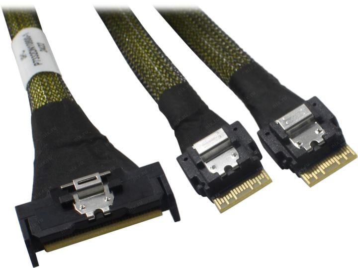 Кабель JPC P7332DN10800-1    Cable MCIO x8 74P (прямой Straight Type)  -TO-  2x Slimline SAS x4 38P (SFF8654, прямой Straight Type) , 85 Ohm, L:80cm