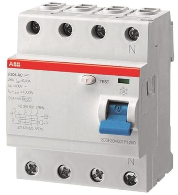 ABB 2CSF204001R1250 Выключатель дифференциального тока (УЗО) 4п 25А 30мА F204 АС (F204 AC-25/0,03)