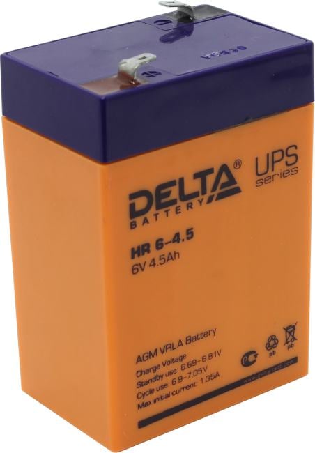 Батарея DELTA серия HR, HR 6-4.5, напряжение 6В, емкость 4.5Ач (разряд 20 часов),  макс. ток разряда (5 сек.) 67.5А, макс. ток заряда 1.35А, свинцово-кислотная типа AGM, клеммы F1, ДxШxВ 70х47х101мм., вес 0.85кг., срок службы 8 лет./ Battery DELTA series HR, HR 6-4.5, voltage 6V, capacity 4.5Ah (discharge 20 hours), max. discharge current (5 sec.) 67.5A, max. charge current 1.35A, lead-acid type AGM, terminals F1, LxWxH 70x47x101mm., weight 0.85kg., service life 8 years.