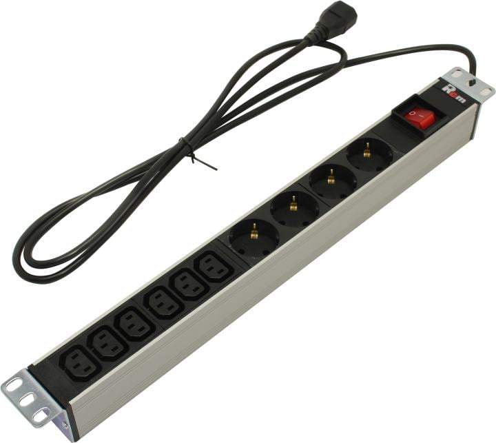 REM Блок розеток Rem-10 с выкл., 4 Schuko, 6 IEC 60320 C13, 10 A, алюм., 19", шнур 1,8 м. IEC 60320 C14 (R-10-4S-6C13-V-440-1.8)