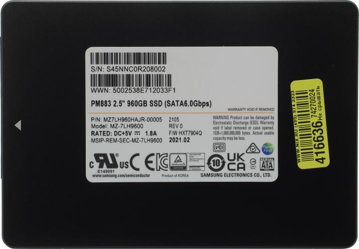 SSD 960 Gb SATA 6Gb/s Samsung PM883 <MZ7LH960HAJR> 2.5" (OEM)  3D  TLC