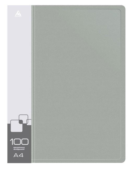 Папка с 100 прозр.вклад. Бюрократ -BPVN100GREY A4 пластик 0.8мм торц.карм с  бум. встав серый