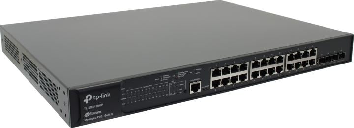 TP-Link JetStream™ 28-Port Gigabit L2+ Managed Switch with 24-Port PoE+. PORT: 24× Gigabit PoE+ Ports, 4× Gigabit SFP Slots, RJ45/Micro-USB Console Port. SPEC: 802.3at/af, 384 W PoE Power, 1U 19-inch Rack-mountable Steel Case. FEATURE: Integration with Omada SDN Controller,Static Routing, OAM, 802.1Q VLAN, QinQ, STP/RSTP/MSTP, IGMP Snooping, 802.1p/DSCP QoS, ACL, 802.1x, Radius/Tacacs+ Authentication, LACP, CLI, SNMP, Dual Image/Configuration, IPv6 (SG3428MP)