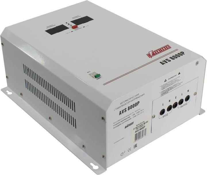 Стабилизатор POWERMAN AVS 8000P, ступенчатый регулятор, цифровые индикаторы уровней напряжения, 8000ВА, 110-260В, максимальный входной ток 50А, клеммная колодка, IP-20, навесной, 380мм х 310мм х 160мм, 14кг. Stabilizer POWERMAN AVS 8000P, step-type regulator, digital indicators of voltage levels, 8000VA, 110-260V, maximum input current 50A, terminal block, IP-20, hinged, 380mm x 310mm x 160mm, 14kg.