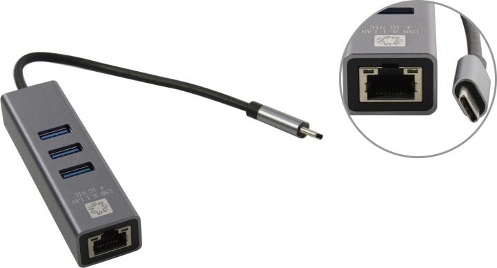 5bites Кабель-адаптер UA3C-45-12BK USB3.1 сетевая карта / 3*USB3.0 / RJ45 1G / AL / GREY