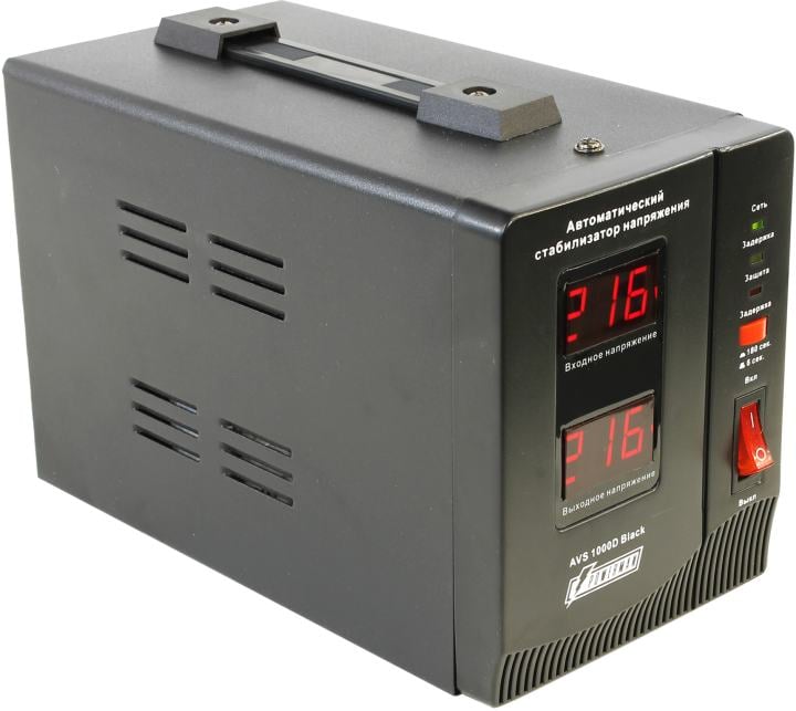 Стабилизатор POWERMAN AVS 1000D, ступенчатый регулятор, цифровые индикаторы уровней напряжения, 1000ВА, 140-260В, максимальный входной ток 7А, 2 евророзетки, IP-20, напольный, 200мм х 150мм х 140мм, 2,3 кг./ Stabilizer POWERMAN AVS 1000D, step-type regula