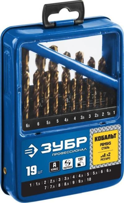 Зубр <29626-H19> ЗУБР КОБАЛЬТ 19шт(1-10мм), Набор сверл по металлу, сталь Р6М5К5,  класс А, мет.бокс