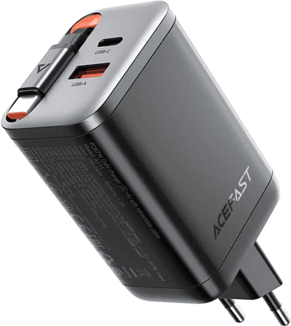 AF-A111-BK Зарядное устройство ACEFAST A111 PD67W Gan Charger 2*USB-C+USB-A With Retractable Cable с кабелем. Цвет: чер