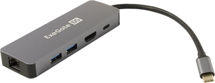 Exegate EX293982RUS Док-станция ExeGate DUB-21C/PD/HL (кабель-адаптер USB Type-C --> 2xUSB3.0 + PD 100W + HDMI 4K@60Hz + Lan RJ45 10/100/1000Mb, Plug&Play, серая)