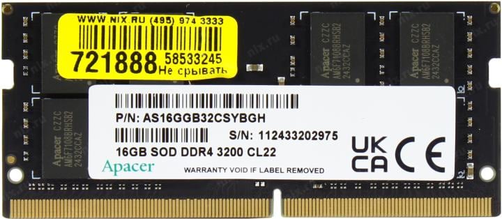 Apacer <AS16GGB32CSYBGH/ES.16G21.GSH> DDR4 SODIMM 16Gb <PC4-25600> CL22  (for  NoteBook)