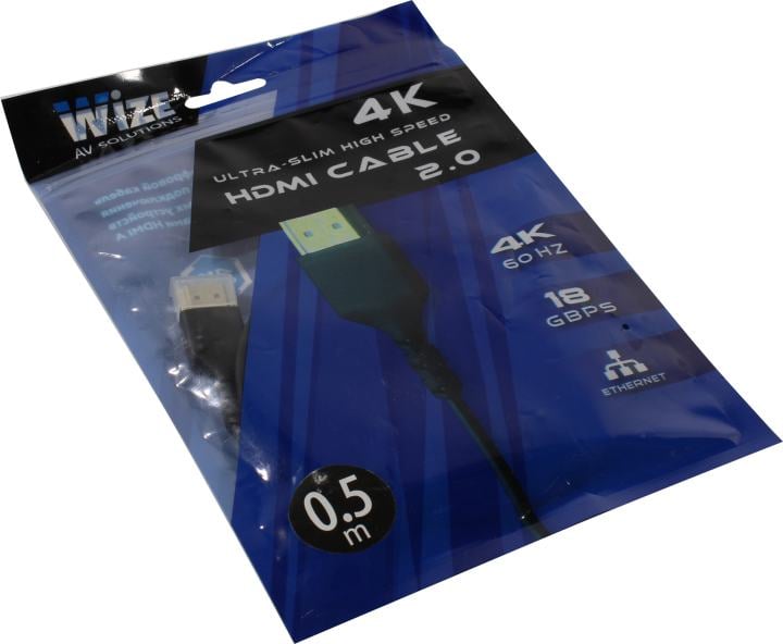 Кабель HDMI Wize [WAVC-HDMIUS-0.5M] 0.5 м, v.2.0, 19M/19M, 4K/60 Hz 4:4:4, 36 AWG, HDCP 2.2,ультратонкий, позол.разъемы, черный, пакет