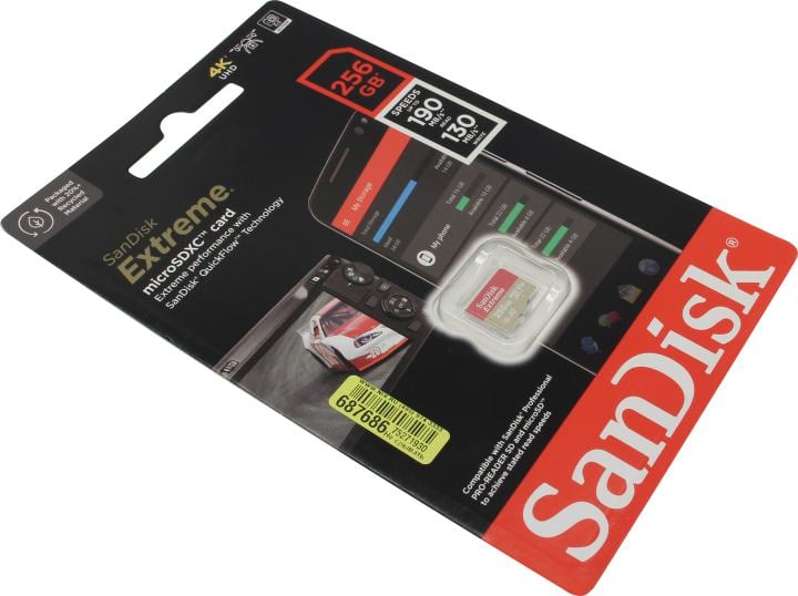 Micro SecureDigital 256GB SanDisk microSDXC Class 10 UHS-I A2 C10 V30 U3 Extreme 190MB/s [SDSQXAV-256G-GN6MN]
